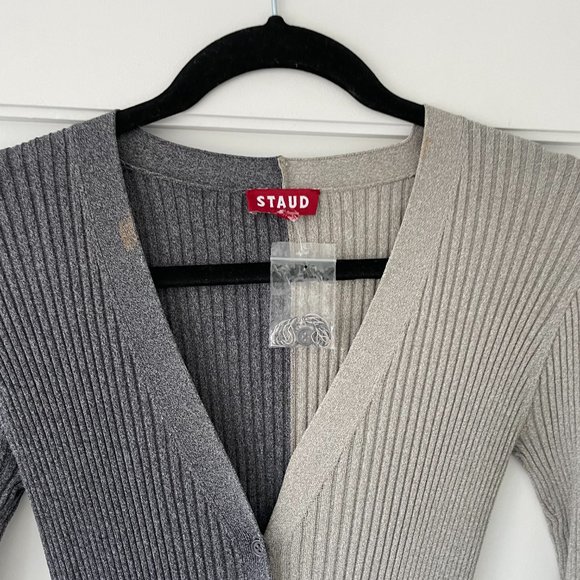 Staud Shoko Colorblock Sweater Dress Heather Grey/Charcoal Ribbed Knit V-neck XS - Picture 9 of 12